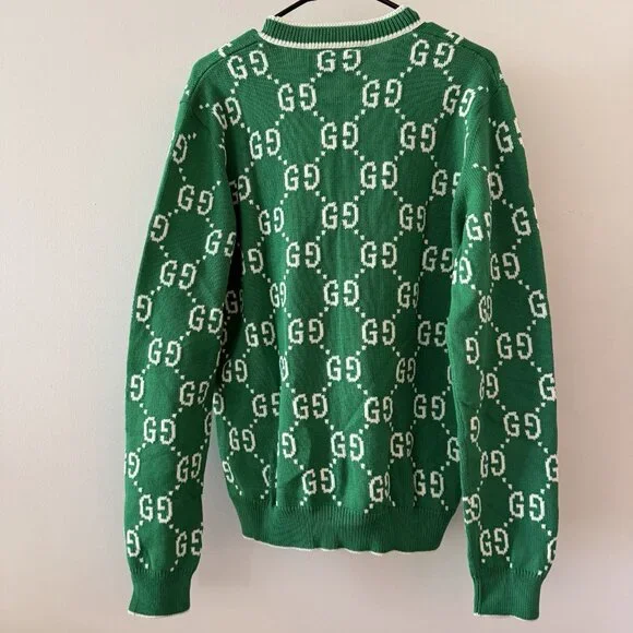 NWT Gucci Logo Intarsia Monogrammed Cardigan Sz M Green GG - Picture 5 of 8